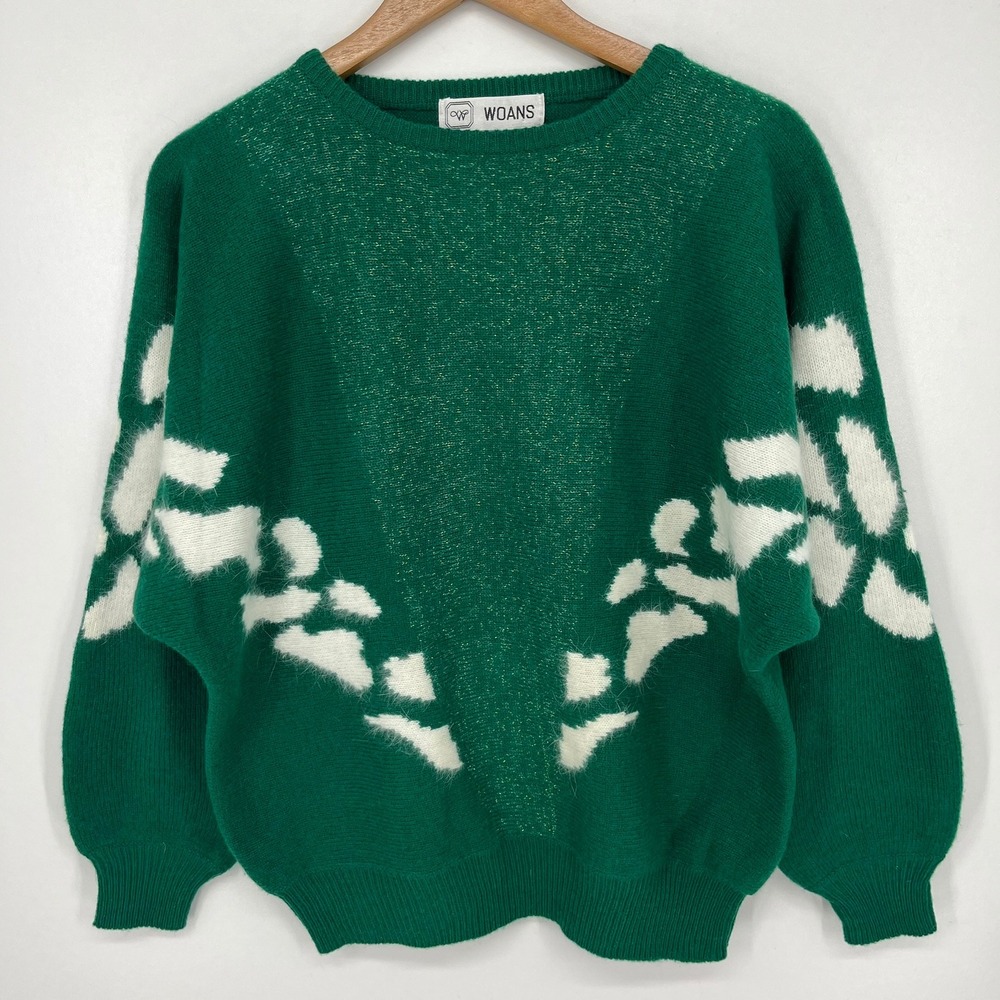 Woans Vintage Green Lambswool Angora Lurex Metallic Intarsia Sweater Size 2
